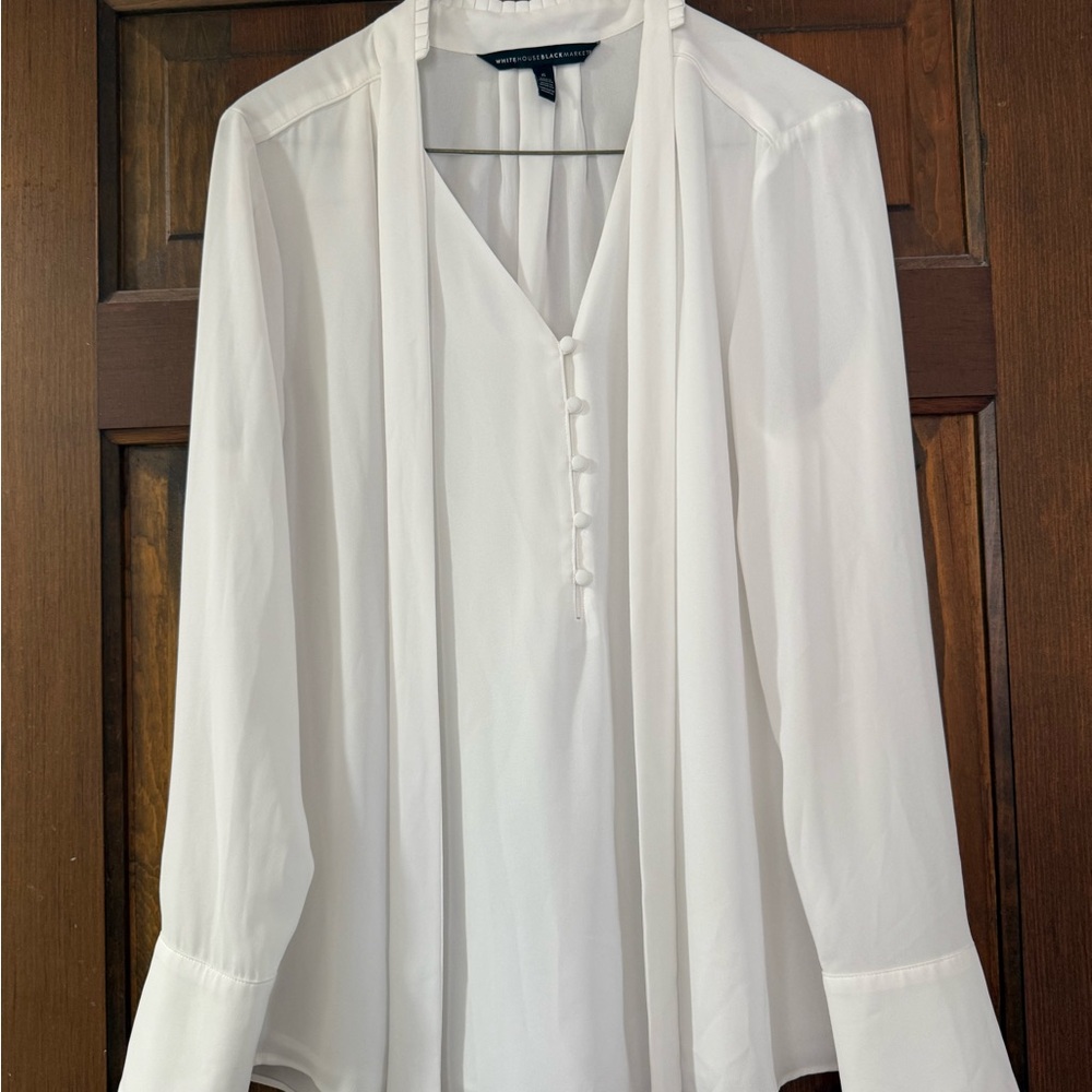 White House Black Market White Tie-Neck Long-Sleeve Blouse